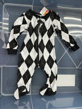 Black & White Argyle Infant Footed One-Piece